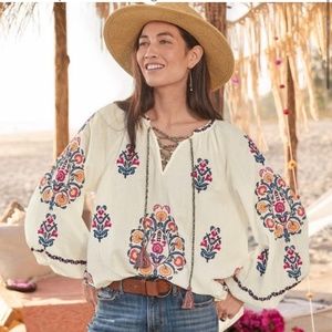 Sundance Catalog Emile Embroidered Top Boho Blouse Small Petite